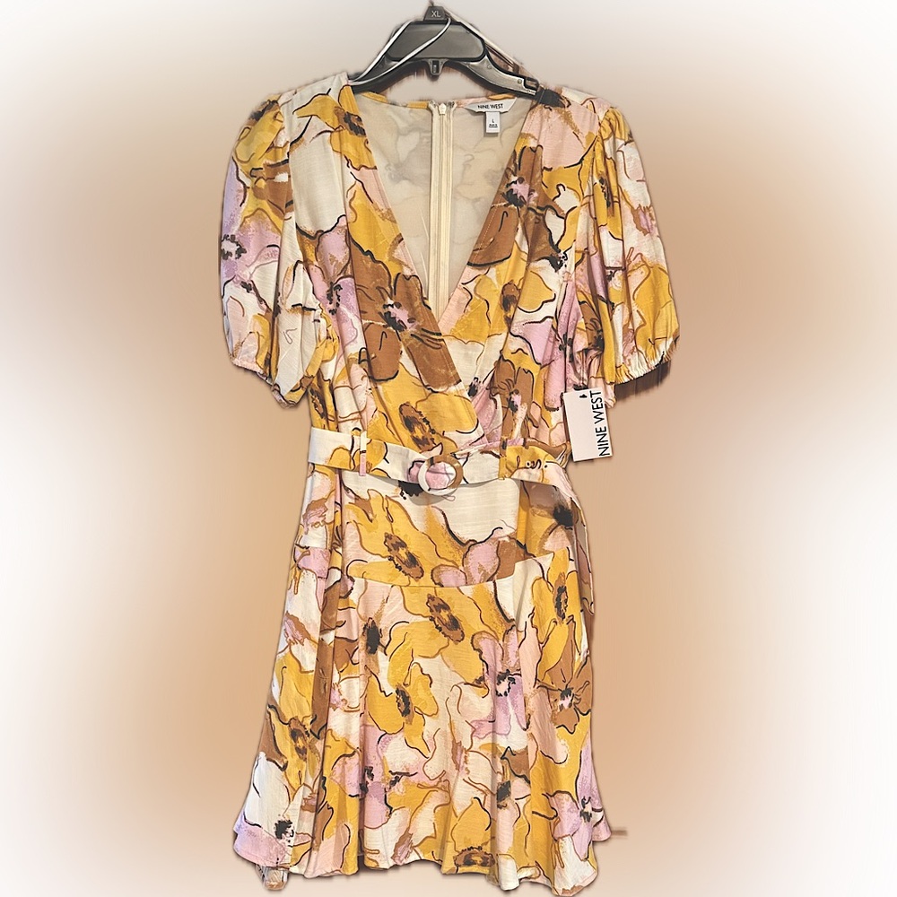 Nine West Yellow, Pink, Brown Floral Dress